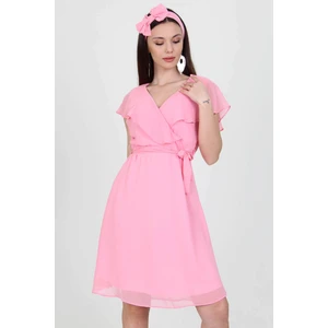 Neşeli Butik Kadın Midi Boy Yeni Sezon Kruvaze Yaka Melek Kol Şifon Elbise RY8081