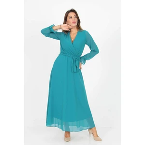 Neşeli Butik Kadın Kruvaze Yaka Bağlama Detaylı Yeni Sezon Uzun Şifon Elbise KTS003