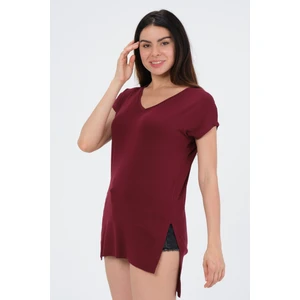 Bordo Kadın V Yaka T-Shirt Tişört