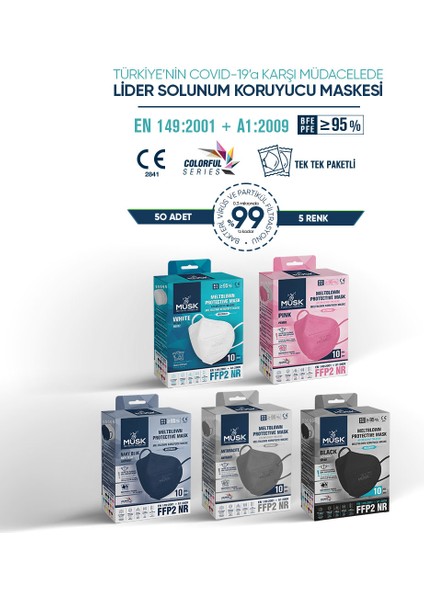 Ffp2 Maske 50 Adet (Pembe, Siyah, Gri, Lacivert, Beyaz)
