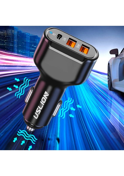 Uslion 30W 2 USB + Type-C Girişli Qc3.0 Hızlı Araç Çakmaklık Şarjı