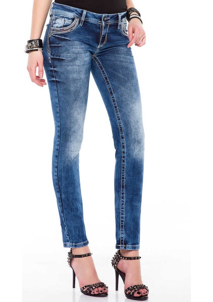 WD352 Cepleri Nakışlı Slim Fit Mavi Bayan Kot Pantolon