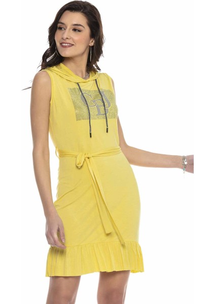 WY136 Kapşonlu Taşlı Mini Sarı Elbise fiyatları