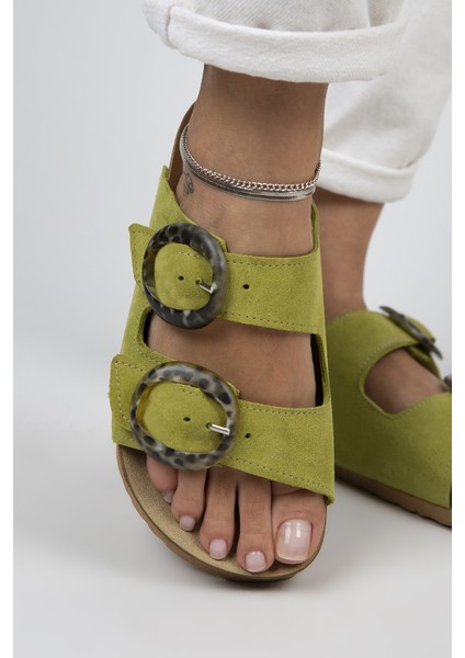 Drina Kadın Deri Çift Tokalı Fıstık Yeşili Terlik fırsatları