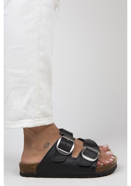 Irene Kadın Deri Çift Tokalı Siyah-Gümüş Terlik fiyatları