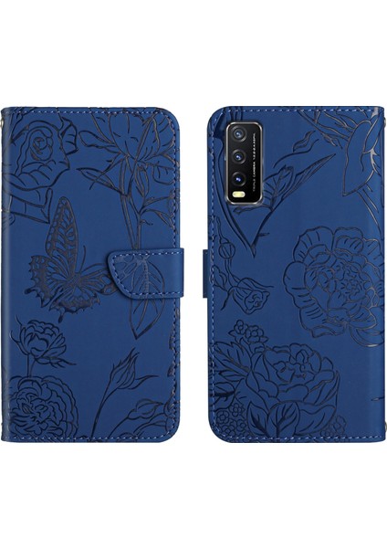 Vivo Y20 Için Kelebek Desenli Pu Deri Telefon Kılıfı - Koyu Mavi (Yurt Dışından)