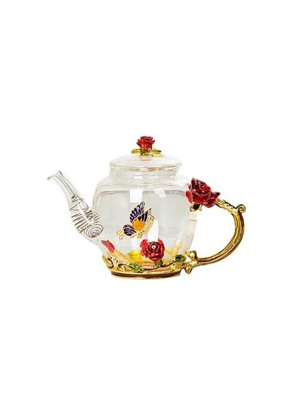 Cam Çaydanlık Emaye Gül Çiçek Kelebek Dekorasyon Isıya Dayanıklı Cam Çamaşır Kettle Blooming Te | Çaydanlıklar