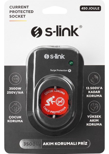 Sl-06 16A 3500W 450 Joule Akım Korumalı Tekli Priz