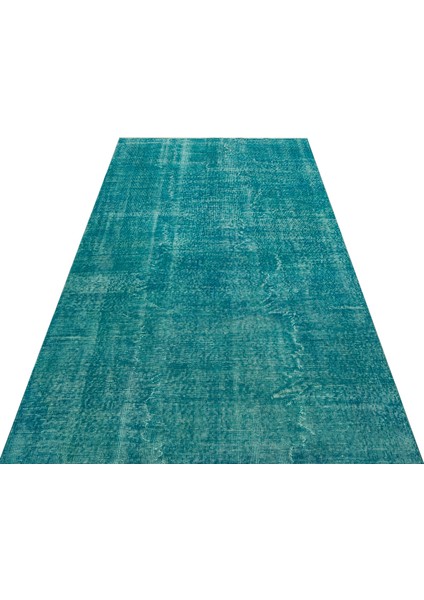 %100 Yün El Dokuma Eskitme Vintage Halı Turkuaz Rengi 138 x 253 cm 8721