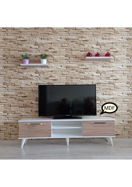 ( Ms 70 ) Mdf Tv Ünitesi Dolabı,raflı,beyaz-Ceviz