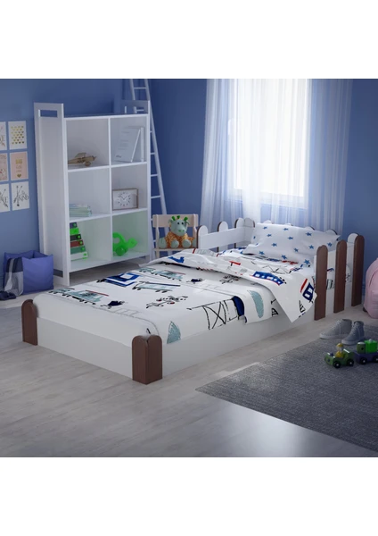 Tulip Life Tuliplife Montessori Karyola Beyaz  Rustik Ceviz 90X190 Yatak Uyumlu Oval Kesim Çocuk Yatağı