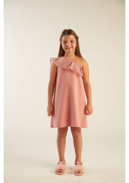 Kız Çocuk Fırfırlı Tek Omuz Elbise (Gül Kurusu)