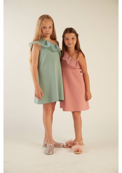 Kız Çocuk Fırfırlı Tek Omuz Elbise (Gül Kurusu) indirimleri