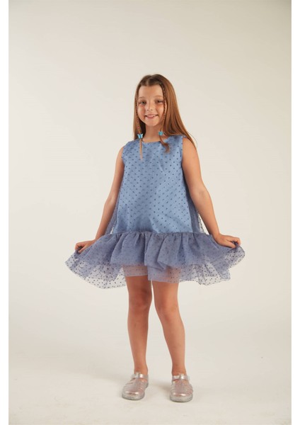 Kız Çocuk Fırfırlı Ponpon Elbise (Mavi)