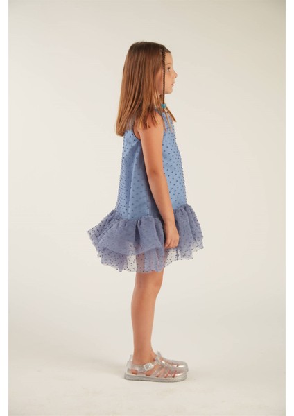 Kız Çocuk Fırfırlı Ponpon Elbise (Mavi) fiyatları