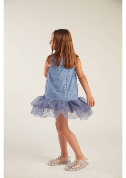 Kız Çocuk Fırfırlı Ponpon Elbise (Mavi) modelleri