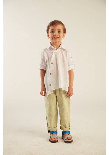 Erkek Çocuk Ikili Takım (Şile Bezi Asimetrik Gömlek - Keten Pantolon) - Yeşil