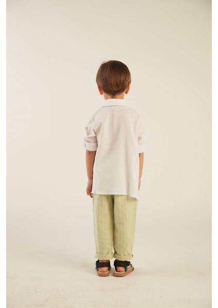 Erkek Çocuk Ikili Takım (Şile Bezi Asimetrik Gömlek - Keten Pantolon) - Yeşil modelleri