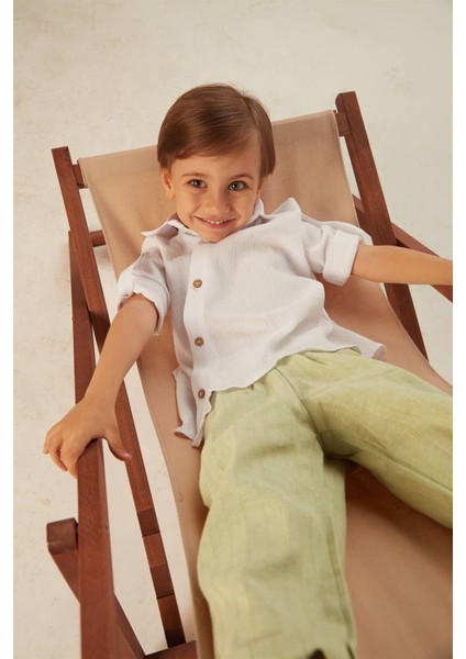 Erkek Çocuk Ikili Takım (Şile Bezi Asimetrik Gömlek - Keten Pantolon) - Yeşil fırsatları