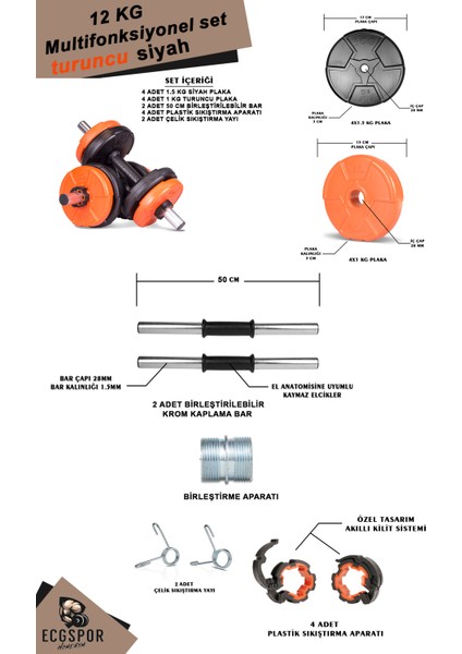 12 kg Multifonksiyonel Turuncu Siyah Halter Seti ve Dambıl Seti