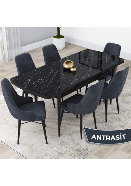 Concept Lia Serisi, 80X132 Açılabilir Mutfak Masa Takımı, Siyah Mermer Desen Masa 6 Sandalye