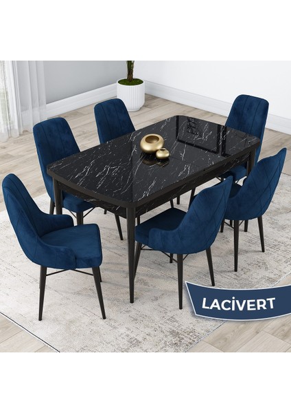 Concept Lia Serisi, 80X132 Açılabilir Mutfak Masa Takımı, Siyah Mermer Desen Masa 6 Sandalye