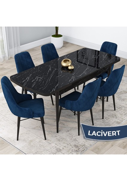 Concept Lia Serisi, 80X132 Açılabilir Mutfak Masa Takımı, Siyah Mermer Desen Masa 6 Sandalye