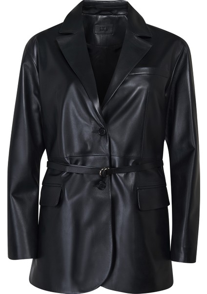 Sarafina Siyah Kadın Oversize Blazer Deri Ceket