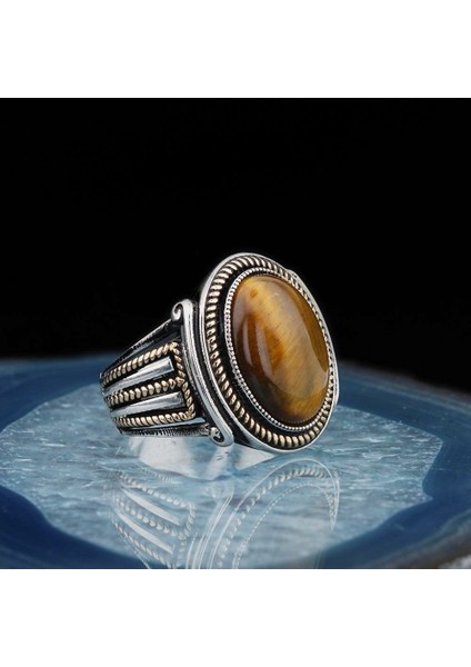 925 Ayar Gümüş Kaplan Gözü Taşlı Erkek Yüzük