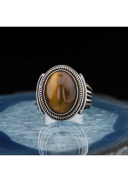 925 Ayar Gümüş Kaplan Gözü Taşlı Erkek Yüzük fiyatları