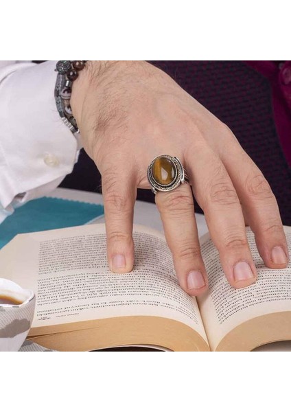 925 Ayar Gümüş Kaplan Gözü Taşlı Erkek Yüzük fırsatları