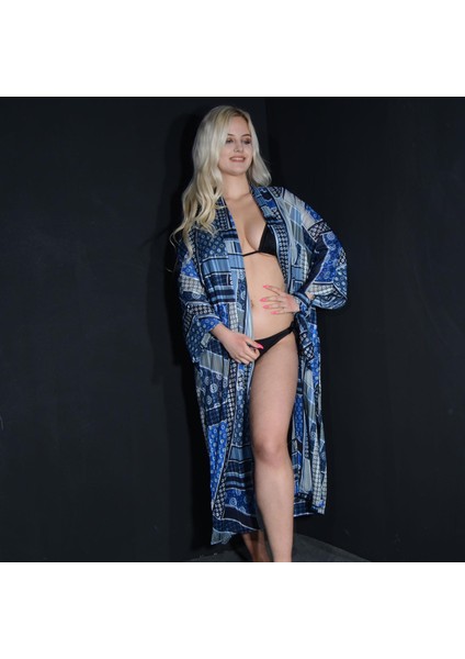Paredora Mavi Yuvarlak Desenli Kimono Pareo