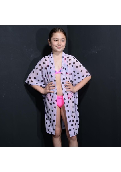 Paredora Mor Salkım Puantiyeli Anne Kız Kimono Pareo