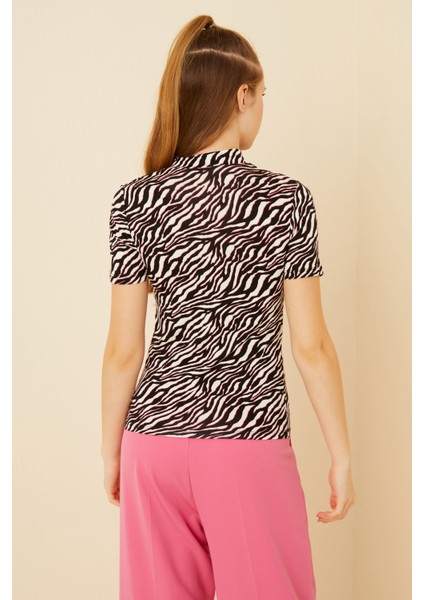 Kadın Pembe Siyah Zebra Desenli Kısa Kol Bluz modelleri