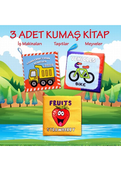 3 Kitap Tox Ingilizce Taşıtlar , Meyveler ve Iş Makinaları Kumaş Sessiz Kitap E118 E126 E132 - Bez Kitap , Eğitici Oyuncak , Yumuşak ve Hışırtılı