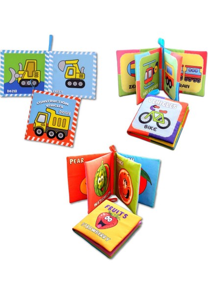 3 Kitap Tox Ingilizce Taşıtlar , Meyveler ve Iş Makinaları Kumaş Sessiz Kitap E118 E126 E132 - Bez Kitap , Eğitici Oyuncak , Yumuşak ve Hışırtılı