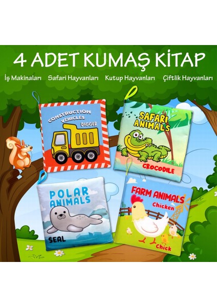 4 Kitap Ingilizce Orman, Deniz ve Kutup Hayvanları Kumaş Sessiz Kitap T055 T056 T059 - Bez Kitap , Eğitici Oyuncak , Yumuşak ve Hışırtılı