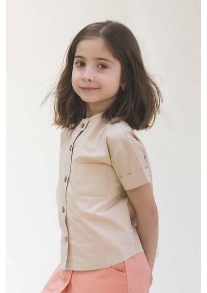 Organik Pamuk Kısa Kollu Çocuk Gömlek Bej Organik Pamuk