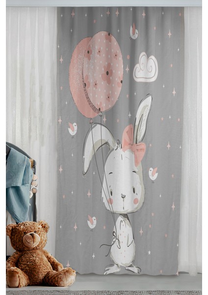 Balon Tutan Sevimli Tavşan Kuş ve Yıldızlar Çocuk Odası Çift Kanatlı Fon Perde