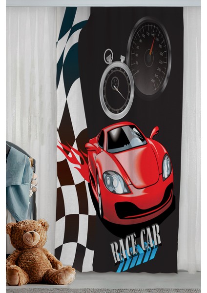 Yarışcı Kırmızı Araba Çocuk Odası Çift Kanatlı Fon Perde