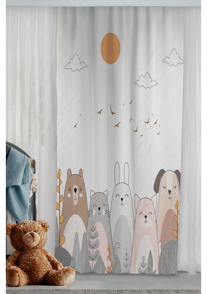 Iskandinav Sevimli Hayvanlar Çocuk Odası Çift Kanatlı Fon Perde