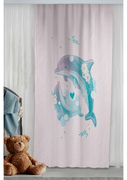Sevimli Yunus Balıkları Çocuk Odası Çift Kanatlı Fon Perde