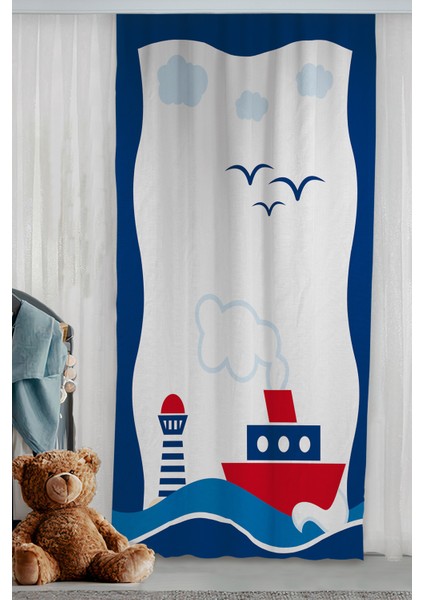 Denizci Desenli Gemi Deniz Feneri Kuşlar Çocuk Odası Çift Kanatlı Fon Perde