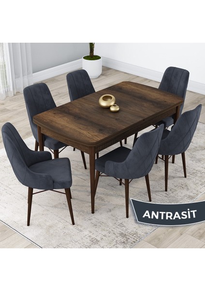 Concept Lia Serisi, 80X132 Açılabilir Mutfak Masa Takımı, Barok Ahşap Desen Masa 6 Sandalye