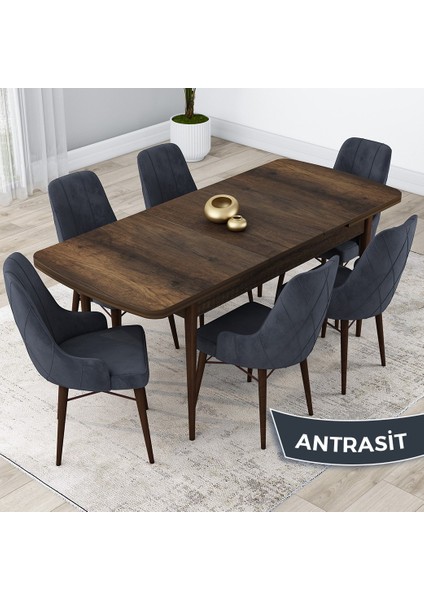 Concept Lia Serisi, 80X132 Açılabilir Mutfak Masa Takımı, Barok Ahşap Desen Masa 6 Sandalye