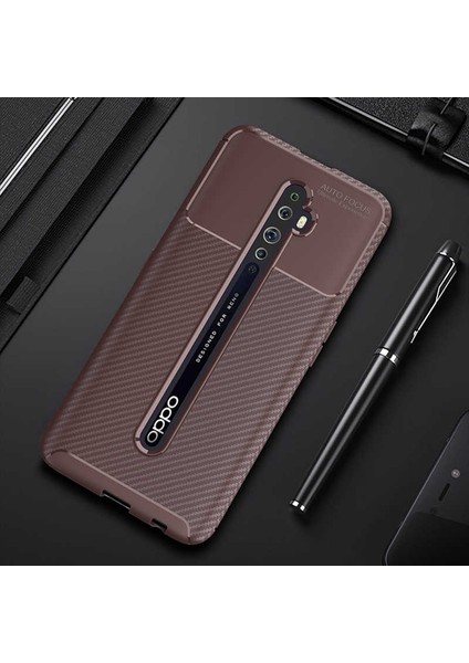 Oppo Reno 2 Kılıf Karbon Dokulu Silikon - Kahverengi