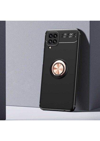 Galaxy A12 Kılıf Yüzüklü Silikon Range - Siyah-Rose Gold