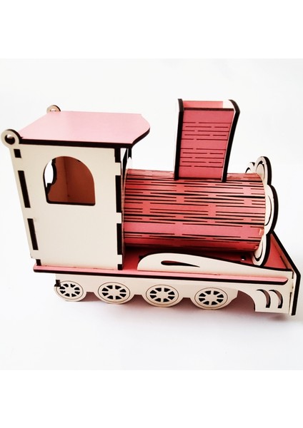 Ahşap Dekoratif Tren Masa Kalemliği - Notluk - Ataç - Toplu Iğne Kutusu -Pembe modelleri