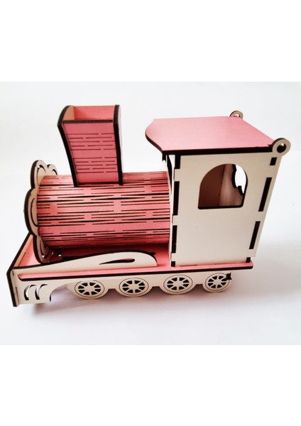 Ahşap Dekoratif Tren Masa Kalemliği - Notluk - Ataç - Toplu Iğne Kutusu -Pembe fırsatları