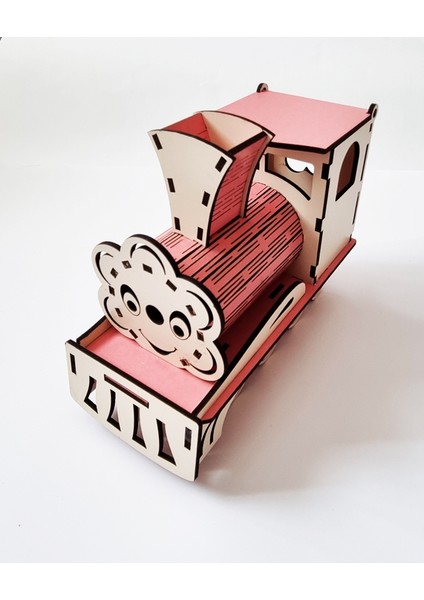 Ahşap Dekoratif Tren Masa Kalemliği - Notluk - Ataç - Toplu Iğne Kutusu -Pembe indirimleri